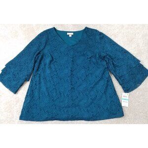 Charter Club Woman~Plus Size 0X~Teal Tiered-Sleeve Lace Deep Pine Blouse NWT$89